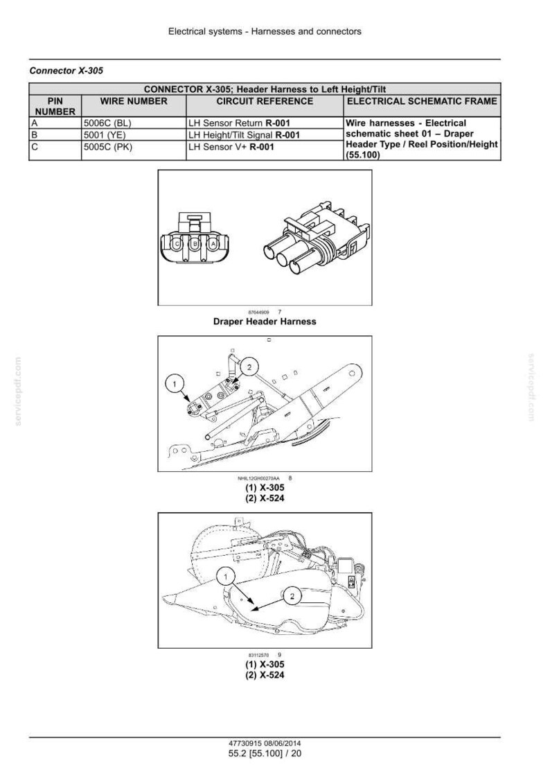 May include: Diagram of electrical connectors and wiring schematics, including Connector X-305 and Draper Header Harness. The image includes labels and references for wire numbers and circuit references. The text includes "Electrical systems - Harnesses and connectors."