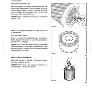 K&ouml;nnte beinhalten: Diagramm aus einem Handbuch, das die Reinigung und Inspektion eines Luftfilterelements detailliert. Enth&auml;lt Anweisungen zur Verwendung von Druckluft und zur &Uuml;berpr&uuml;fung auf Besch&auml;digungen mit einer Inspektionslampe. Text enth&auml;lt "Reinigung des Prim&auml;relements" und "Inspektion des Elements".