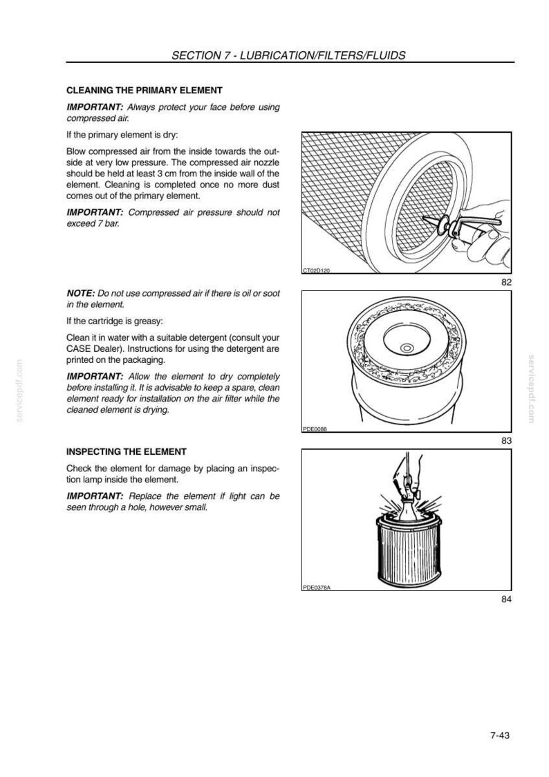 K&ouml;nnte beinhalten: Diagramm aus einem Handbuch, das die Reinigung und Inspektion eines Luftfilterelements detailliert. Enth&auml;lt Anweisungen zur Verwendung von Druckluft und zur &Uuml;berpr&uuml;fung auf Besch&auml;digungen mit einer Inspektionslampe. Text enth&auml;lt "Reinigung des Prim&auml;relements" und "Inspektion des Elements".