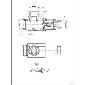 Puede incluir: Diagrama t&eacute;cnico de un distribuidor (T5) con dimensiones y etiquetas. El diagrama muestra vistas superior y lateral del componente mec&aacute;nico, incluyendo medidas como 22 mm y SW 36. El texto "TECHNICAL HANDBOOK 321D" est&aacute; en la parte superior.