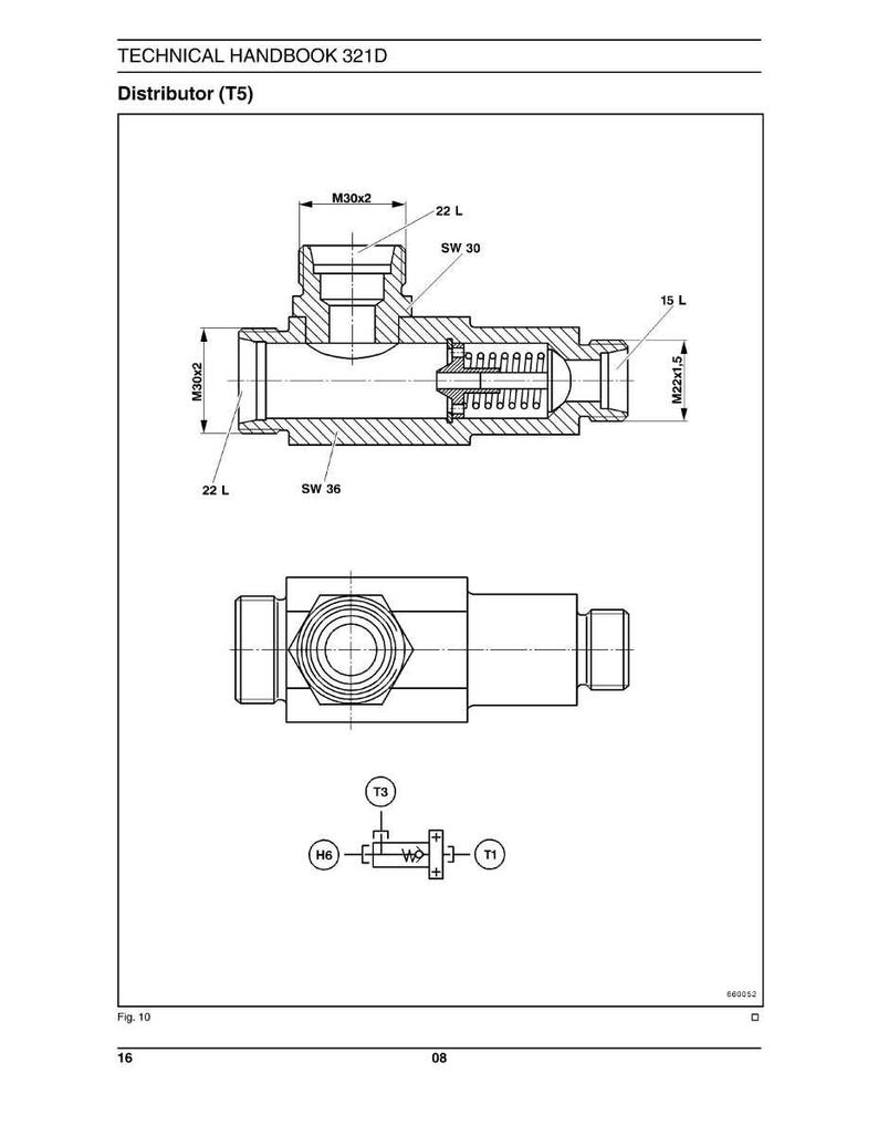 Puede incluir: Diagrama t&eacute;cnico de un distribuidor (T5) con dimensiones y etiquetas. El diagrama muestra vistas superior y lateral del componente mec&aacute;nico, incluyendo medidas como 22 mm y SW 36. El texto "TECHNICAL HANDBOOK 321D" est&aacute; en la parte superior.
