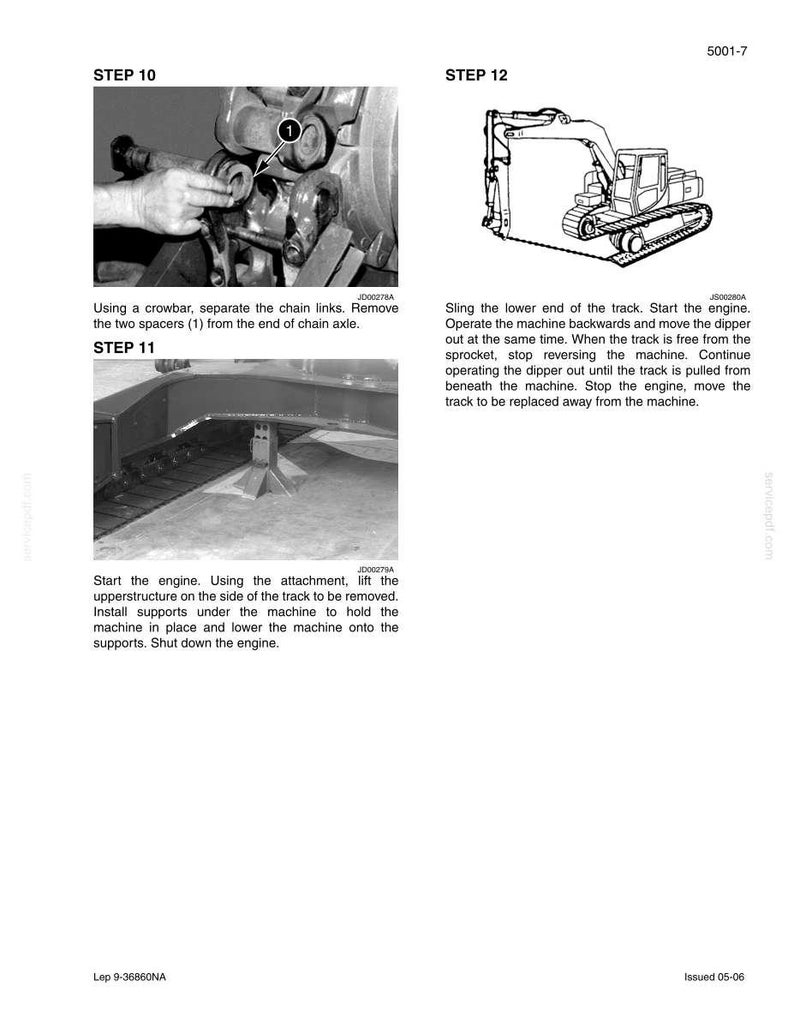 Op de afbeelding: Technische handleiding pagina met instructies voor het onderhoud van zware machines. Bevat diagrammen en tekst met details over de stappen voor het scheiden van de schakels, het verwijderen van de rupsbanden en het installeren van steunen. Bevat een gedetailleerde illustratie van een graafmachine.
