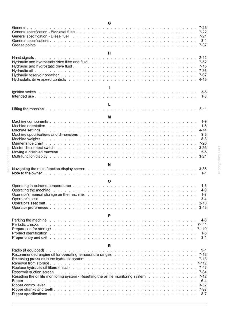 May include: A page from a manual with a table of contents. The text includes sections on machine components, hydraulic systems, and operating procedures. The page has a white background with black text.