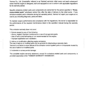 May include: A black and white document titled 9. REFERENCE Emission System Warranty Statement. It outlines the U.S. EPA and California emissions control warranty for Yanmar Co., Ltd. engines, detailing coverage, owner responsibilities, and exclusions.