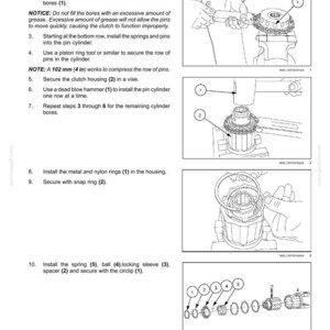 May include: Diagram of a Front Power Take-Off (PTO) clutch assembly. The image shows step-by-step instructions with numbered components, including a vise, hammer, rings, and springs. Text includes measurements in inches.