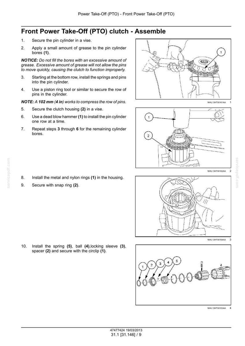 May include: Diagram of a Front Power Take-Off (PTO) clutch assembly. The image shows step-by-step instructions with numbered components, including a vise, hammer, rings, and springs. Text includes measurements in inches.