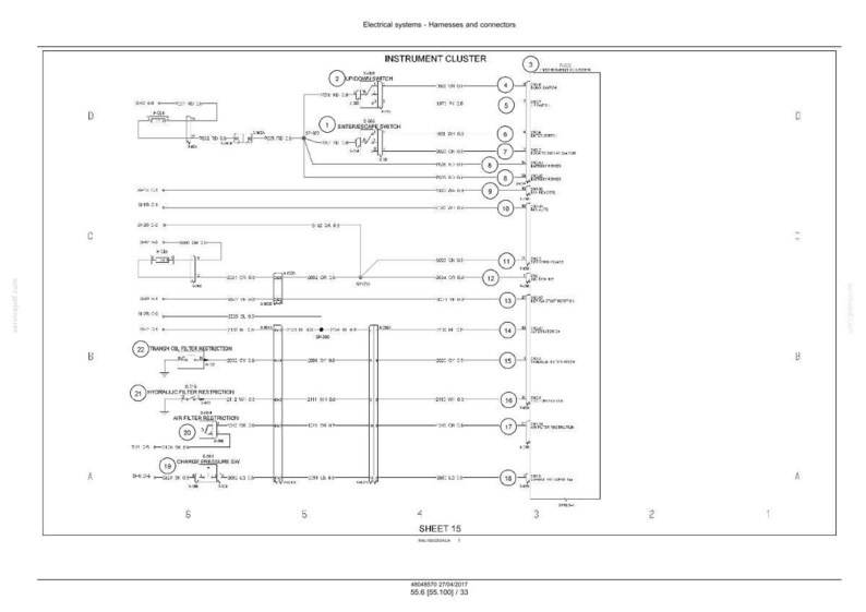 Op de afbeelding: Diagram van een instrumentenpaneel met elektrische systemen, kabelbomen en connectoren. Het diagram bevat labels en lijnen die verschillende componenten verbinden, zoals schakelaars en filters. Bladnummer 15.