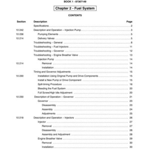 May include: A page from a manual titled "SECTION 10 - ENGINE" and "Chapter 2 - Fuel System." The table of contents lists sections on fuel systems, including descriptions, troubleshooting, and adjustments. The page number is 9.