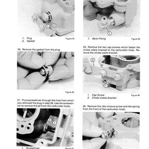 May include: A series of black and white images detailing carburetor maintenance steps. The images show close-ups of parts like plugs, gaskets, screws, and jets. Text labels identify each part, and instructions are provided.