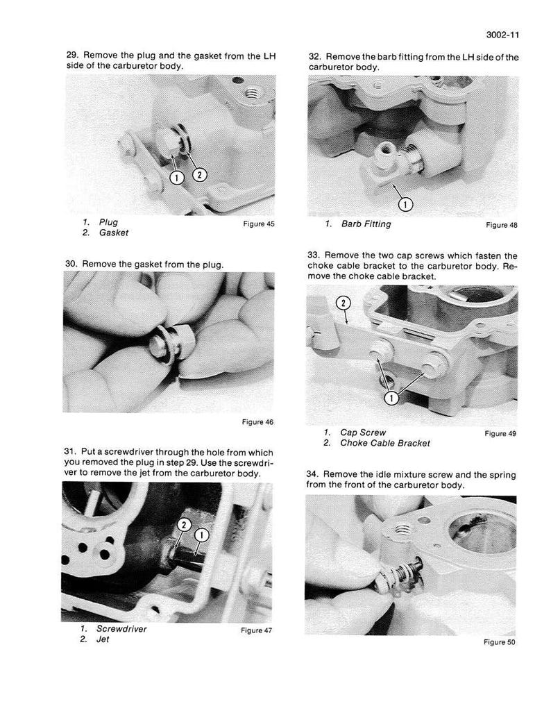 May include: A series of black and white images detailing carburetor maintenance steps. The images show close-ups of parts like plugs, gaskets, screws, and jets. Text labels identify each part, and instructions are provided.