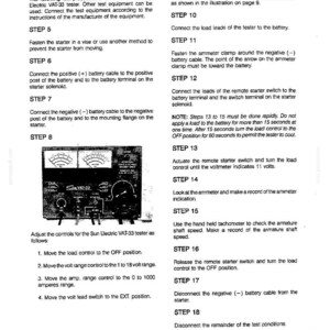 May include: A manual page detailing the procedure for using a Sun Electric VAT-33 tester. The text provides step-by-step instructions for connecting and operating the equipment. The page includes an image of the tester.