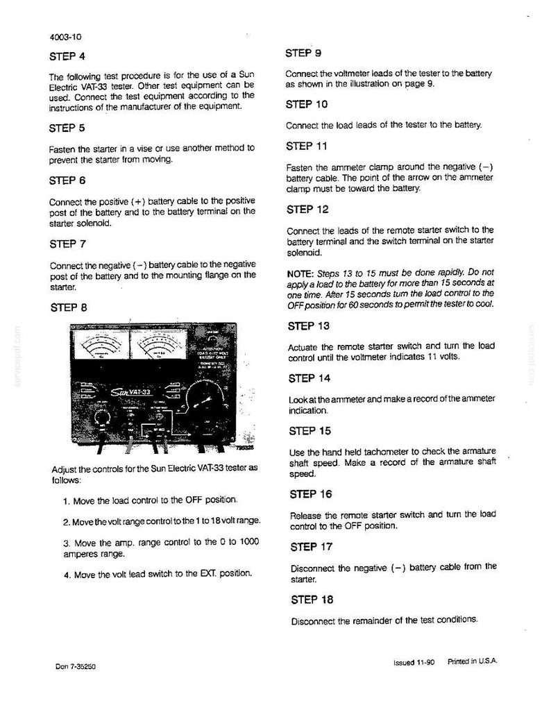 May include: A manual page detailing the procedure for using a Sun Electric VAT-33 tester. The text provides step-by-step instructions for connecting and operating the equipment. The page includes an image of the tester.