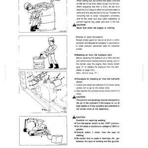 May include: A technical manual page featuring four black and white line drawings illustrating safety procedures for heavy machinery, including fueling, oil disposal, hydraulic tank air bleeding, and welding precautions with instructional text.