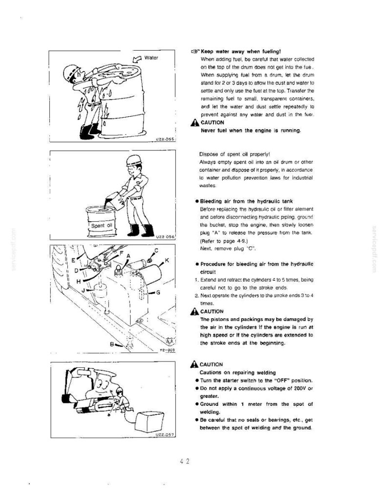 May include: A technical manual page featuring four black and white line drawings illustrating safety procedures for heavy machinery, including fueling, oil disposal, hydraulic tank air bleeding, and welding precautions with instructional text.