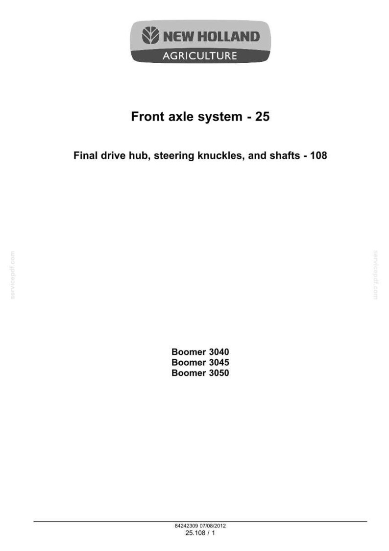 May include: A technical document page from New Holland Agriculture titled Front axle system - 25 and Final drive hub, steering knuckles, and shafts - 108. It lists the Boomer 3040, 3045, and 3050 models, with document number 84242309 dated 07/08/2012.