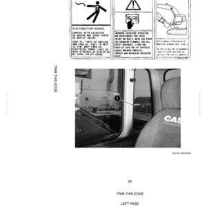 May include: A black and white safety manual page with warning symbols and text. The page includes a diagram of an excavator and safety instructions. The interior of a Case excavator cab is visible, with a seat and window.
