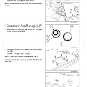 Może przedstawiać: Schemat instalacji koła pasowego listwy tnącej tarczowej. Obraz przedstawia widoki rozstrzelone z ponumerowanymi elementami, w tym uszczelkami O-ring, piastami łożysk, śrubami i nakrętkami. Instrukcje montażu.
