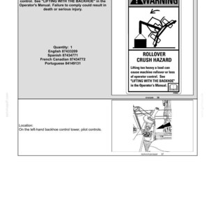 May include: A safety information page with a warning about rollover crush hazards. The image includes a diagram of a machine tipping over, with text in English, Spanish, French, and Portuguese.