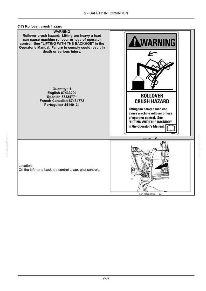 May include: A safety information page with a warning about rollover crush hazards. The image includes a diagram of a machine tipping over, with text in English, Spanish, French, and Portuguese.