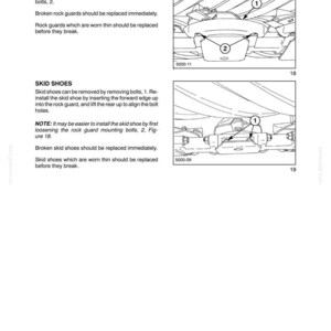 May include: A technical manual page titled SECTION 58 - ATTACHMENTS/HEADERS - CHAPTER 2. It features two black and white diagrams labeled 18 and 19, illustrating the removal and installation of rock guards and skid shoes with numbered components.