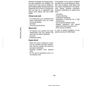 May include: A page from an operating manual detailing the choice of tools and special conditions for use with a hydraulic breaker. The text includes instructions for chisel, blunt, and super blunt tools, along with specific applications and safety guidelines.