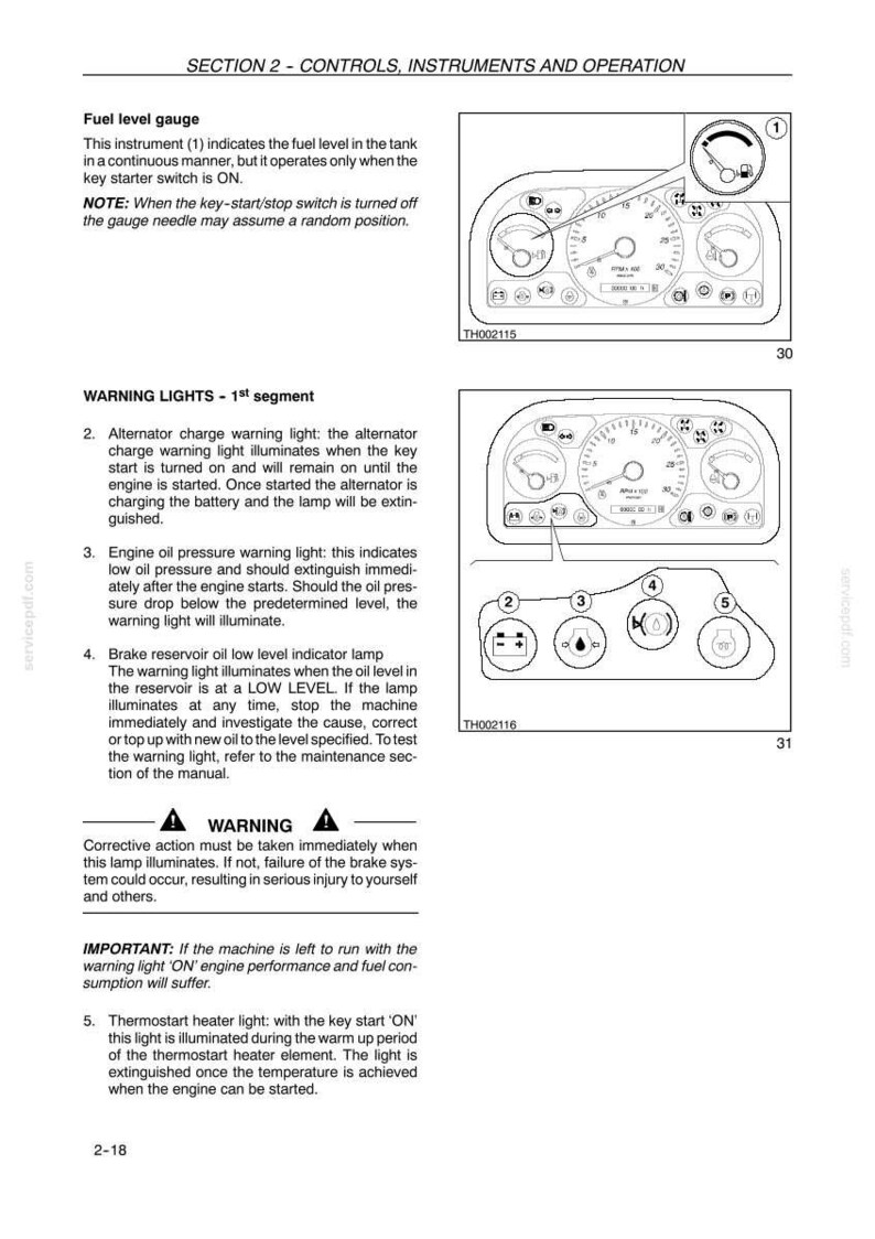 May include: Diagram of a vehicle's instrument panel with fuel gauge and warning lights. Includes alternator charge, engine oil pressure, and brake reservoir oil level indicators. Text explains the function of each light.