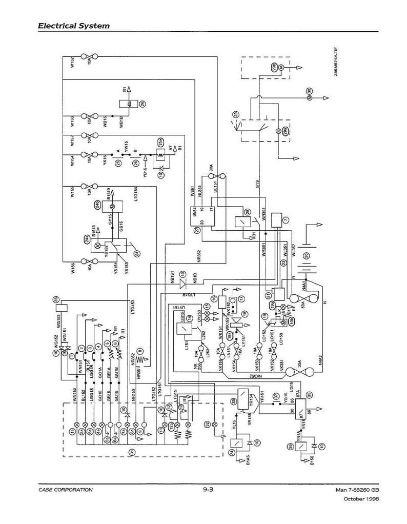 Pu&ograve; includere: Schema di un sistema elettrico, con la scritta "Electrical System" in alto. Il diagramma include vari simboli, linee ed etichette, come "CASE CORPORATION" e "Ottobre 1998".