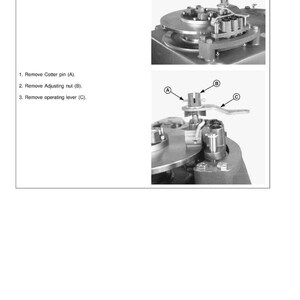 May include: Diagram illustrating the removal of brake pads. The image shows detailed views of the brake assembly, with labels indicating the cotter pin, adjusting nut, and operating lever. Text instructions are provided for each step.