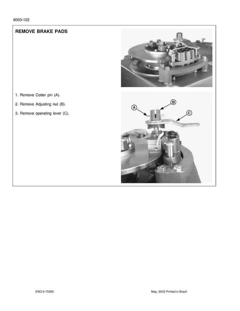 May include: Diagram illustrating the removal of brake pads. The image shows detailed views of the brake assembly, with labels indicating the cotter pin, adjusting nut, and operating lever. Text instructions are provided for each step.