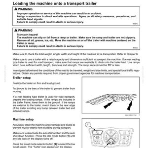 May include: A manual page on transport operations, with safety warnings and instructions for loading machinery onto a trailer. Includes diagrams of a trailer and a control panel with numbered buttons.
