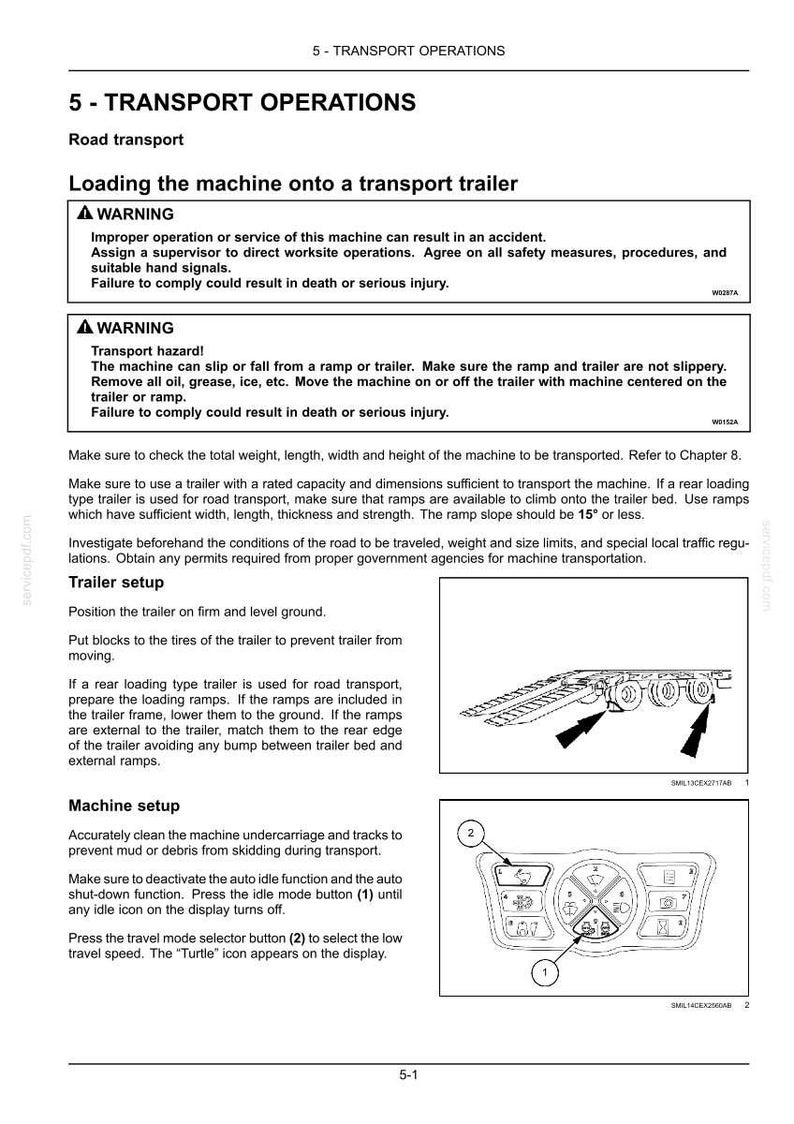 May include: A manual page on transport operations, with safety warnings and instructions for loading machinery onto a trailer. Includes diagrams of a trailer and a control panel with numbered buttons.