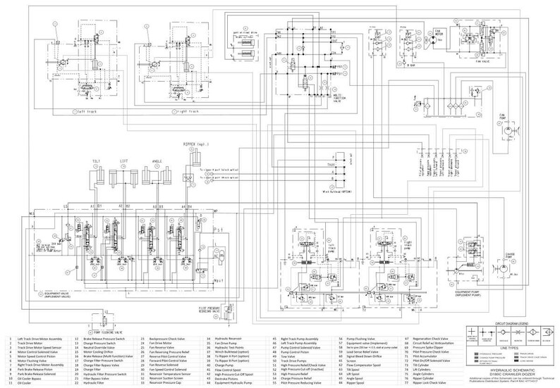 May include: Detailed engineering schematic diagram in black and white, featuring complex lines, symbols, and labels. The diagram includes various components and their connections, likely for a hydraulic system. The layout is technical and precise, with multiple sections and annotations.