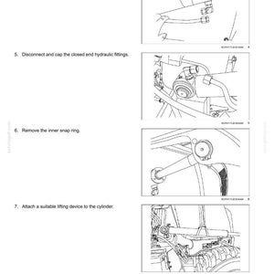 Puede incluir: Diagramas que ilustran los pasos para un sistema hidr&aacute;ulico de cuchara de cargador frontal. Las instrucciones incluyen desconectar y tapar tubos y conexiones hidr&aacute;ulicas, quitar un anillo de seguridad y fijar un dispositivo de elevaci&oacute;n.