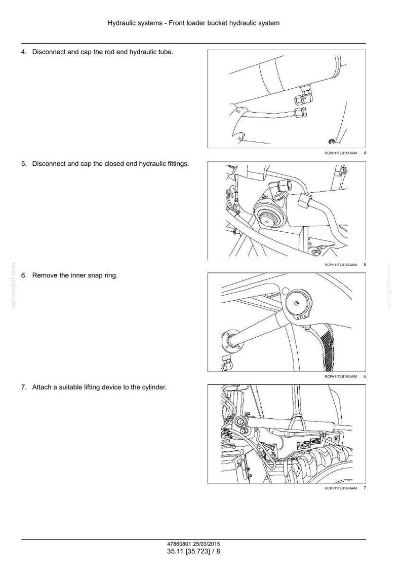 Puede incluir: Diagramas que ilustran los pasos para un sistema hidr&aacute;ulico de cuchara de cargador frontal. Las instrucciones incluyen desconectar y tapar tubos y conexiones hidr&aacute;ulicas, quitar un anillo de seguridad y fijar un dispositivo de elevaci&oacute;n.
