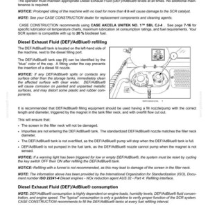 May include: Diagram of a Selective Catalytic Reduction (SCR) system, detailing DEF/AdBlue refilling procedures. Includes a diagram of the tank cap and nozzle, with text explaining requirements and warnings for proper maintenance and refilling.