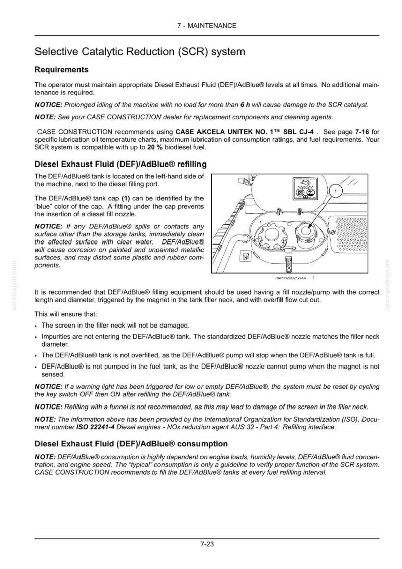 May include: Diagram of a Selective Catalytic Reduction (SCR) system, detailing DEF/AdBlue refilling procedures. Includes a diagram of the tank cap and nozzle, with text explaining requirements and warnings for proper maintenance and refilling.
