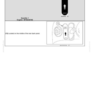 May include: A technical diagram labeled 2-SAFETY INFORMATION showing a park brake switch. The black rectangular switch features a white P icon and an upward arrow. Text includes (13) Park brake, Quantity 1, English: MT40236789, and 40236789-00 26.