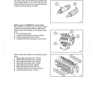 K&ouml;nnte beinhalten: Diagramm eines Hydrauliksystems mit Kreislaufentlastungsventilen und deren Funktionen. Enth&auml;lt Illustrationen von Ventilkomponenten und eine Liste von Ventiltypen mit Druckangaben in bar.