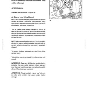 Pu&ograve; includere: Una pagina di manuale tecnico intitolata SPECIAL AIR CLEANER SERVICE, contenente istruzioni testuali e un disegno al tratto in bianco e nero etichettato Figura 58. L'illustrazione mostra la rimozione di un elemento di sicurezza interno.
