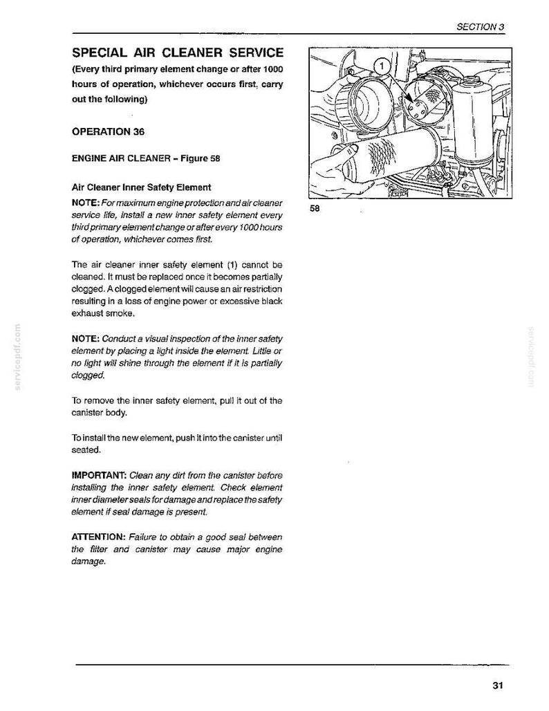 Pu&ograve; includere: Una pagina di manuale tecnico intitolata SPECIAL AIR CLEANER SERVICE, contenente istruzioni testuali e un disegno al tratto in bianco e nero etichettato Figura 58. L'illustrazione mostra la rimozione di un elemento di sicurezza interno.