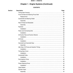 May include: A page from a manual titled "SECTION 10 - ENGINE SYSTEMS" with a table of contents for Chapter 1. The table lists engine components like "Timing Gear Housing" and "Crankshaft and Bearing Holder". The page number is listed next to each item.