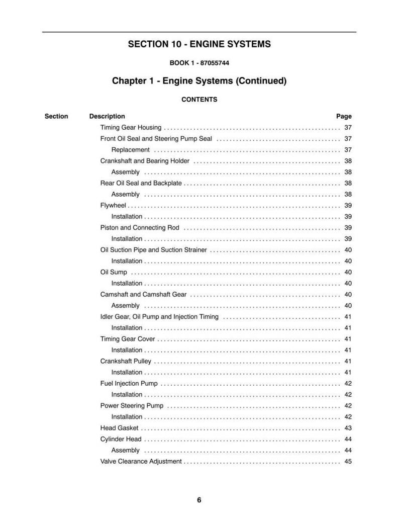 May include: A page from a manual titled "SECTION 10 - ENGINE SYSTEMS" with a table of contents for Chapter 1. The table lists engine components like "Timing Gear Housing" and "Crankshaft and Bearing Holder". The page number is listed next to each item.