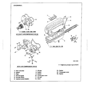 May include: A technical diagram titled TIMING GEAR, CAMSHAFT AND OIL PAN, showing engine components with numbered parts including a push rod cover, gaskets, cylinder block, oil pan, and timing gear cover, with torque specifications in kg-cm and lb-ft.