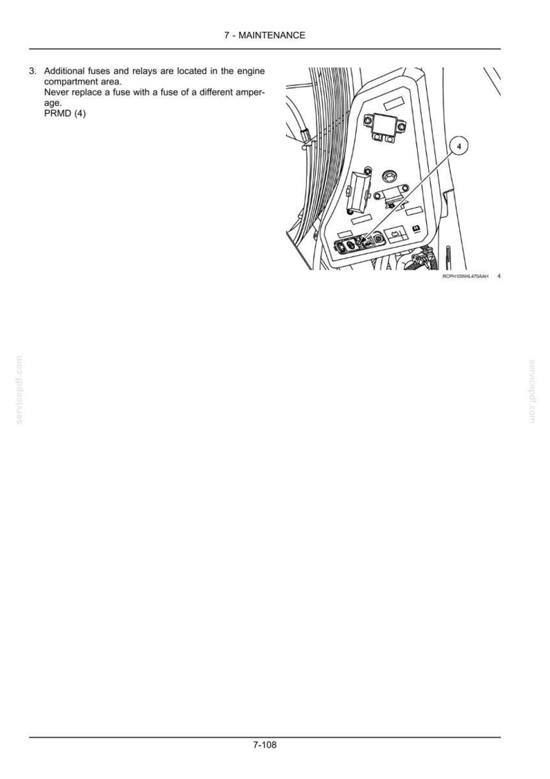 May include: Diagram of an engine compartment with a focus on fuses and relays. The image includes a detailed illustration of the fuse box, with labels and a callout for specific components. Text indicates maintenance instructions.