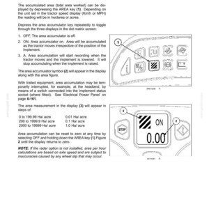 May include: A technical manual page titled 3-CONTROLS AND INSTRUMENTS detailing the Area Accumulator function. It features line drawings of a control panel with an AREA key labeled 1, a display showing the word ON, and a numerical value of 0.00.