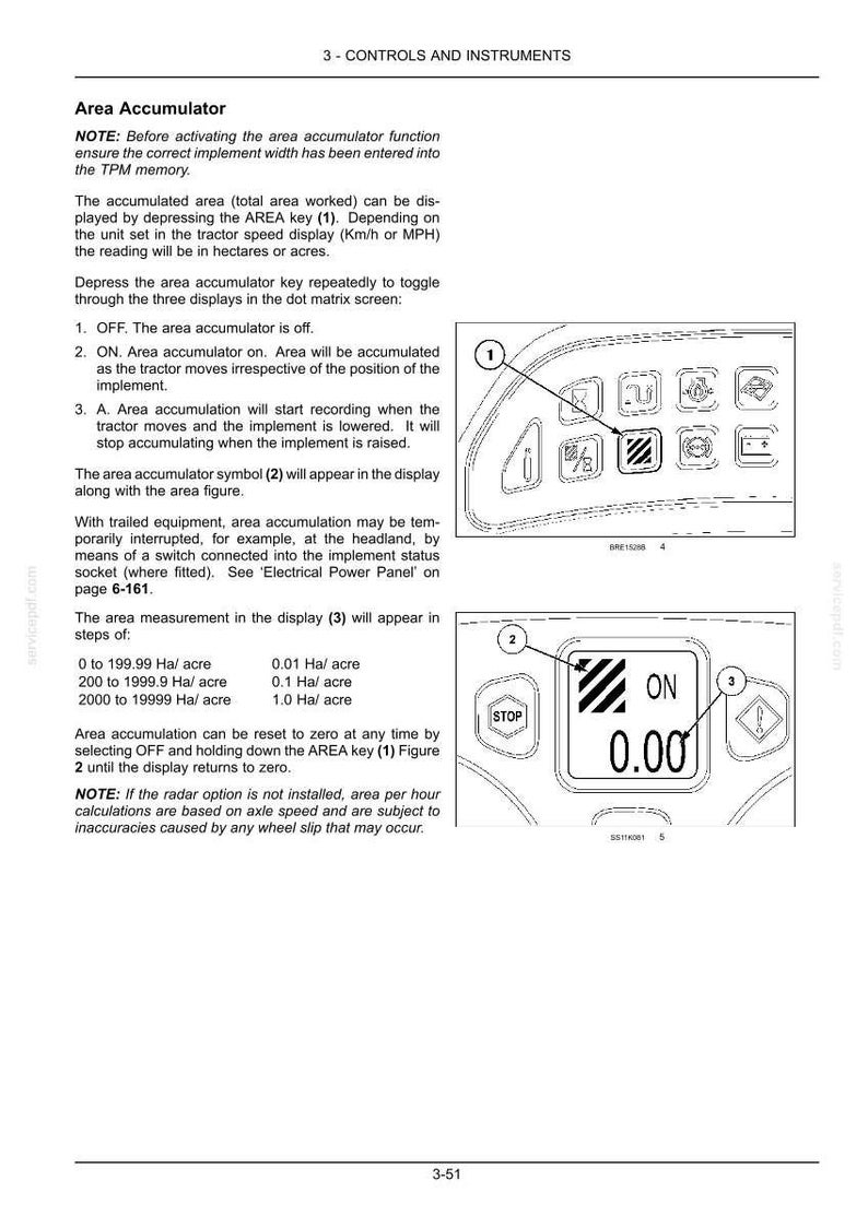 May include: A technical manual page titled 3-CONTROLS AND INSTRUMENTS detailing the Area Accumulator function. It features line drawings of a control panel with an AREA key labeled 1, a display showing the word ON, and a numerical value of 0.00.
