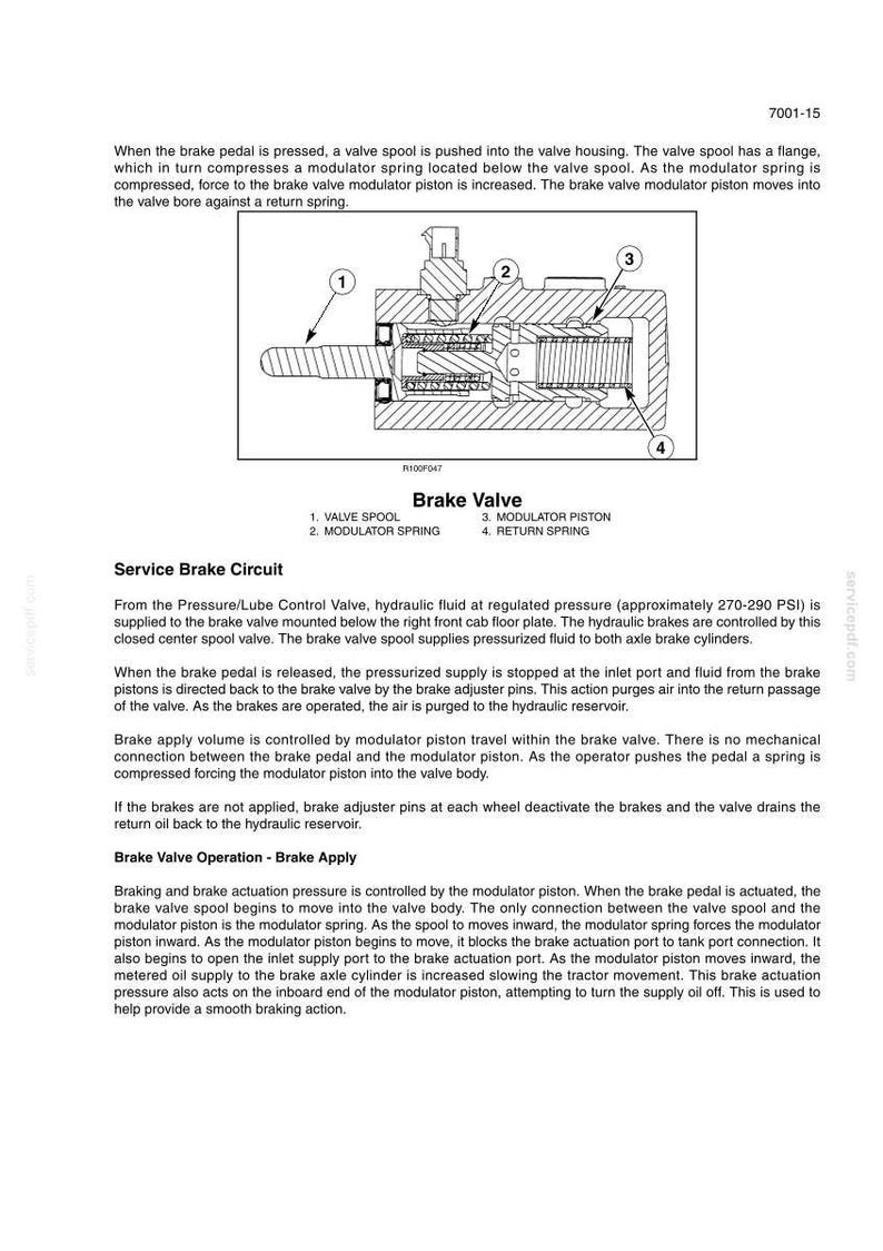 May include: Diagram of a brake valve assembly with labeled components: valve spool, modulator spring, modulator piston, and return spring. The diagram illustrates the internal workings of the brake system.