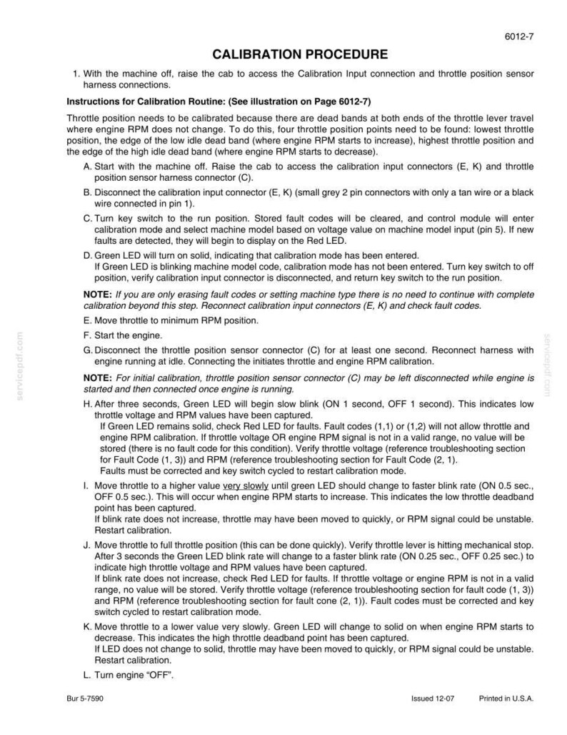 May include: A printed page with calibration instructions for an engine. The text includes steps for adjusting throttle position, with diagrams and notes. The document is labeled "Calibration Procedure."