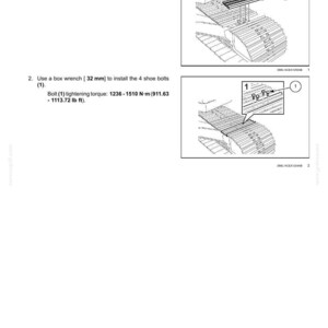 May include: Diagram illustrating track chain installation, including shoe plate and bolt installation instructions. The text specifies using a 32 mm box wrench and bolt tightening torque of 1236-1510 N-m (911.63 - 1113.72 lb ft).