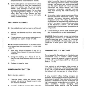 May include: A page from a manual detailing battery charging procedures. Instructions include normal charging, charging very flat batteries, and safety warnings. Text includes temperature specifications in Fahrenheit and amperage details.